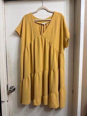 ODDY Mustard Yellow V-Neck Tiered Midi Dress